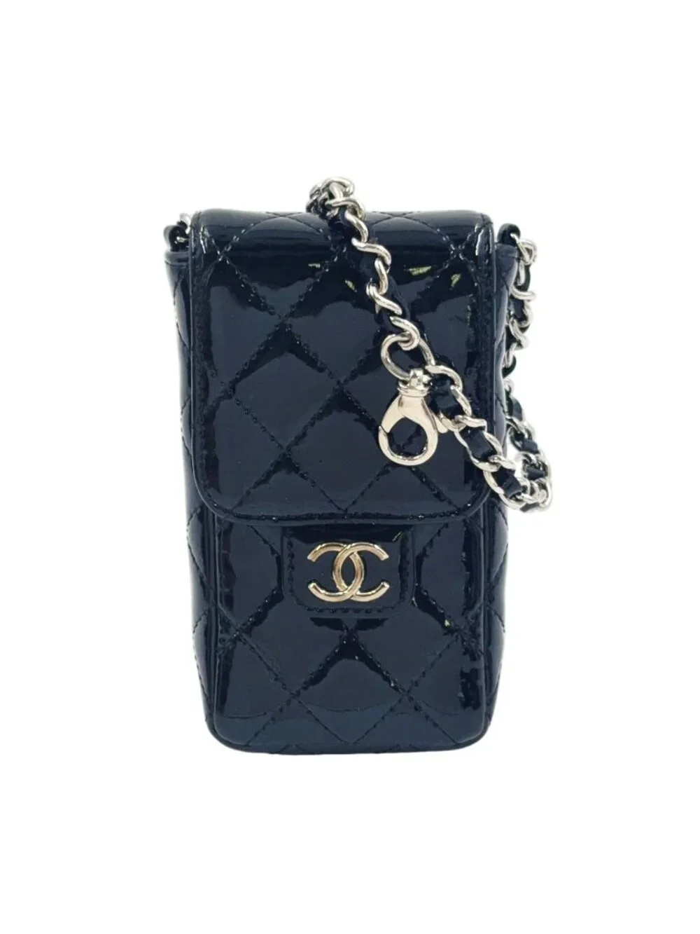 Chanel Quilted CC Logo Enamel Leather Black Pouch Silver